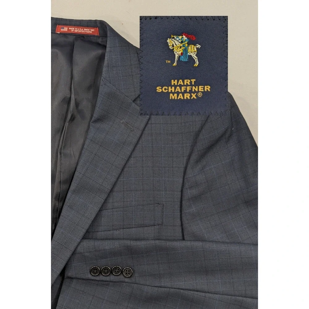 Hart Schaffner MARX Wool‎ Blazer Gray Subtle Window Pane Jacket 40L 44